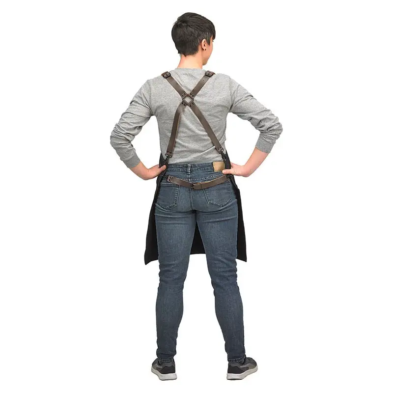 Mercer Culinary Renegade Bib Apron - Black Denim with Brown Leather Straps Mercer Culinary Renegade Bib Apron - Black Denim with Brown Leather Straps