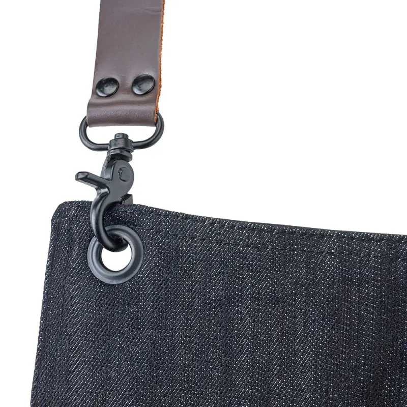 Mercer Culinary Renegade Bib Apron - Black Denim with Brown Leather Straps Mercer Culinary Renegade Bib Apron - Black Denim with Brown Leather Straps
