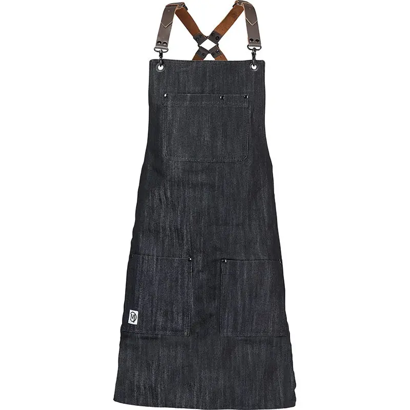 Mercer Culinary Renegade Bib Apron - Black Denim with Brown Leather Straps Mercer Culinary Renegade Bib Apron - Black Denim with Brown Leather Straps