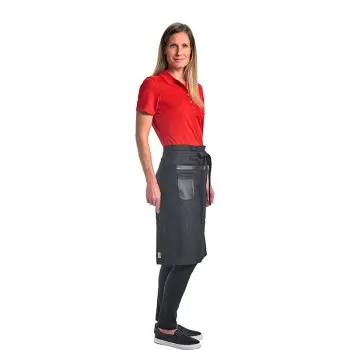 Mercer Culinary Wyatt Mid - Bistro Apron - Black Denim with Black Leather Accents