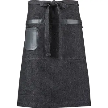 Mercer Culinary Wyatt Mid - Bistro Apron - Black Denim with Black Leather Accents