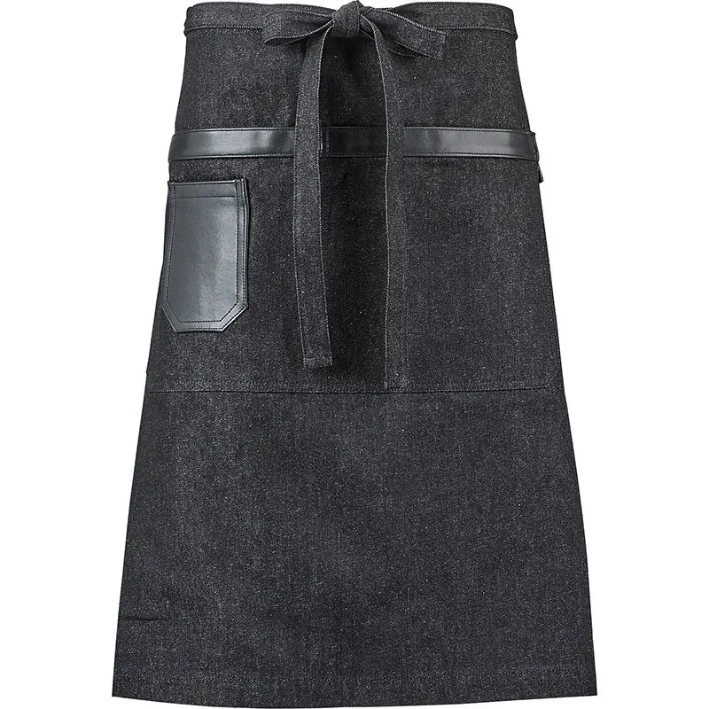 Mercer Culinary Wyatt Mid - Bistro Apron - Black Denim with Black Leather Accents