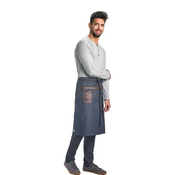 Mercer Culinary Wyatt Mid - Bistro Apron - Indigo Denim with Brown Leather Accents