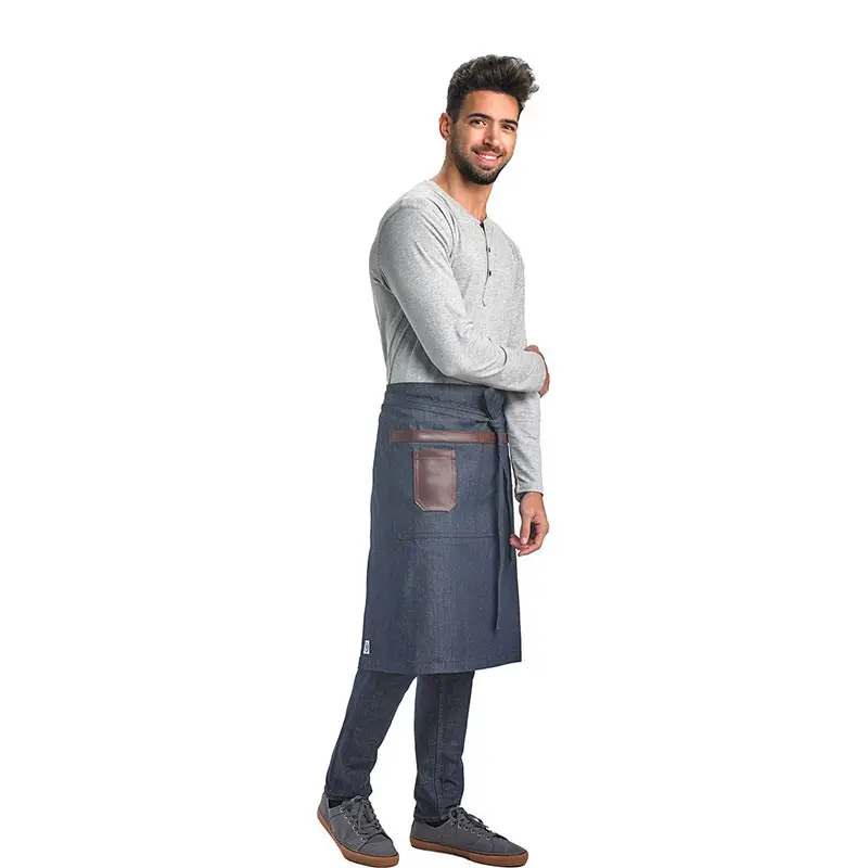 Mercer Culinary Wyatt Mid - Bistro Apron - Indigo Denim with Brown Leather Accents Mercer Culinary Wyatt Mid - Bistro Apron - Indigo Denim with Brown Leather Accents