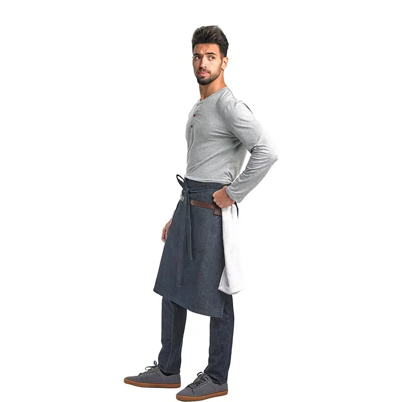 Mercer Culinary Wyatt Mid - Bistro Apron - Indigo Denim with Brown Leather Accents Mercer Culinary Wyatt Mid - Bistro Apron - Indigo Denim with Brown Leather Accents