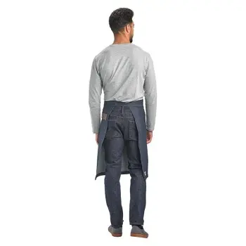 Mercer Culinary Wyatt Mid - Bistro Apron - Indigo Denim with Brown Leather Accents