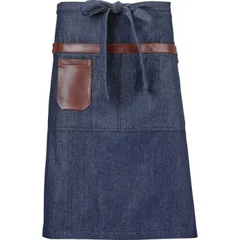 Mercer Culinary Wyatt Mid - Bistro Apron - Indigo Denim with Brown Leather Accents