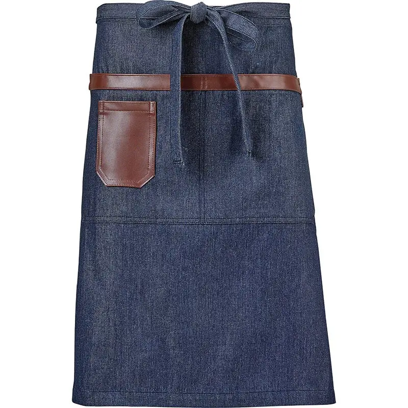 Mercer Culinary Wyatt Mid - Bistro Apron - Indigo Denim with Brown Leather Accents Mercer Culinary Wyatt Mid - Bistro Apron - Indigo Denim with Brown Leather Accents