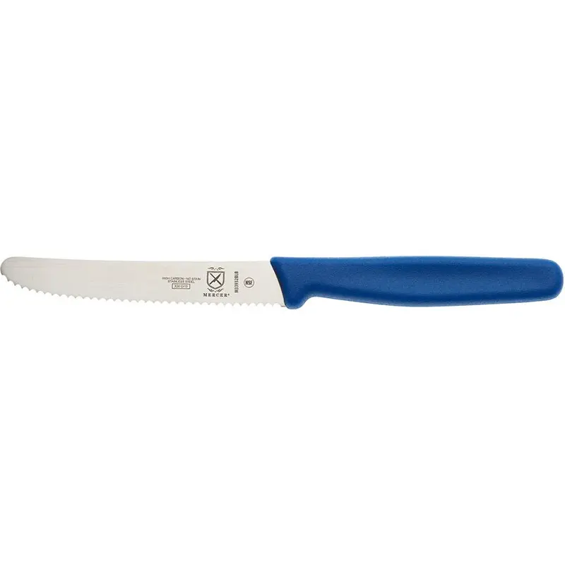 Mercer Culinary 4.3" Utility Knife - Rounded Tip - Wavy Edge - Blue Handle - Set of 12 Mercer Culinary 4.3" Utility Knife - Rounded Tip - Wavy Edge - Blue Handle - Set of 12