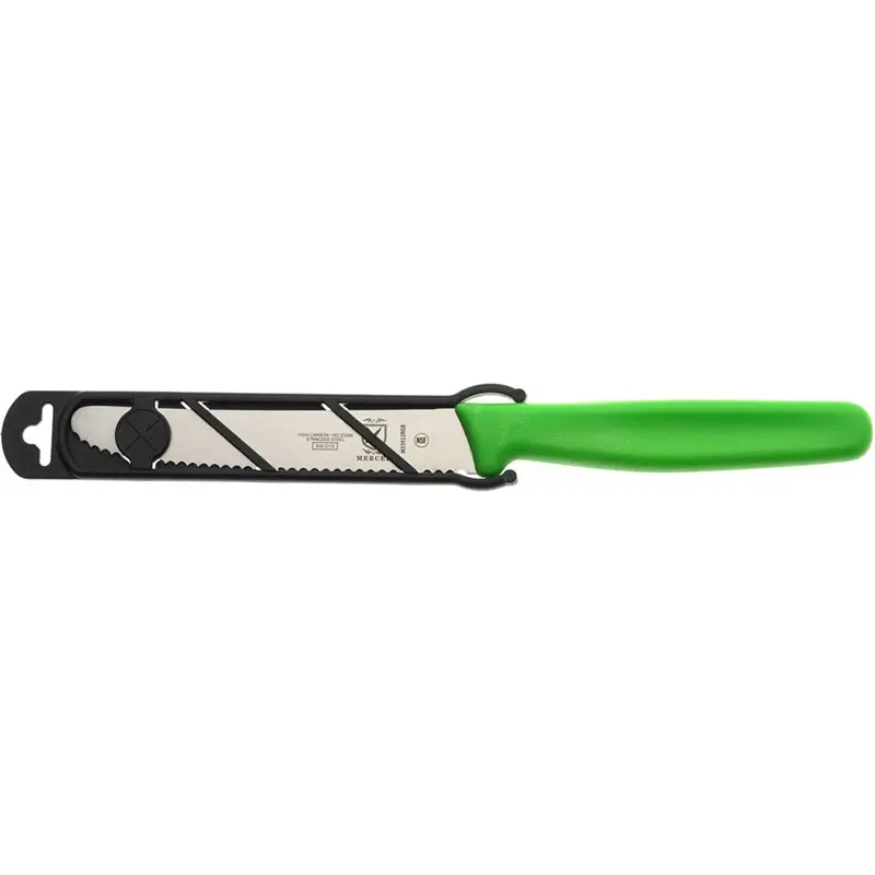 Mercer Culinary 4.3" Utility Knife - Rounded Tip - Wavy Edge - Green Handle - Set of 12