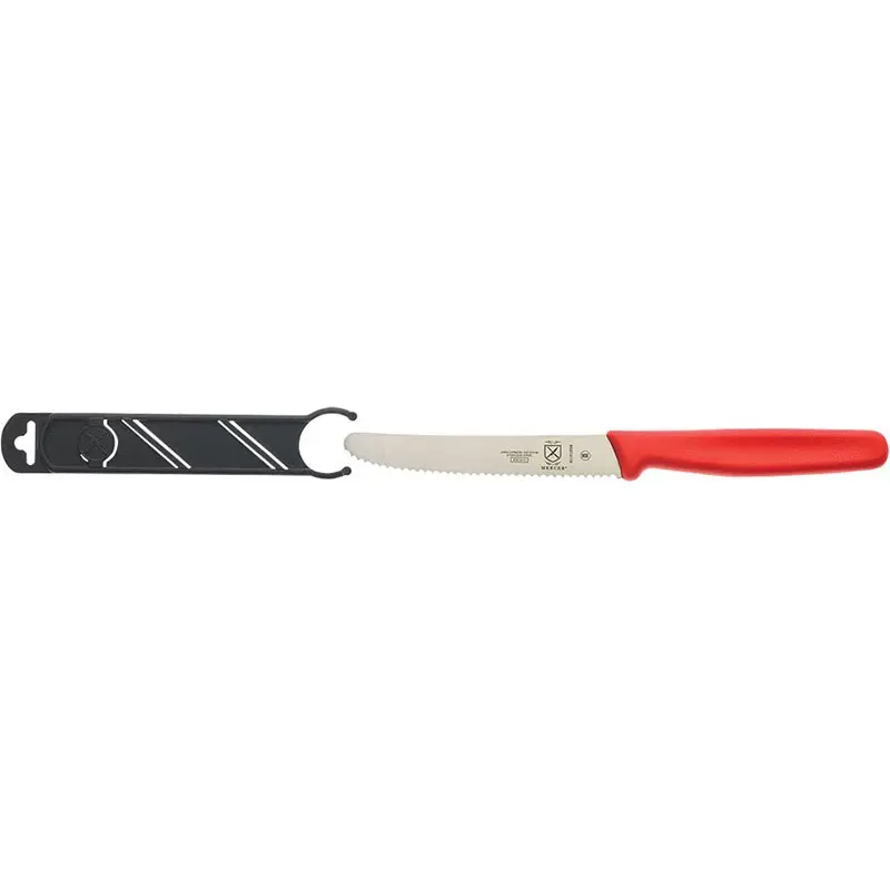 Mercer Culinary 4.3" Utility Knife - Rounded Tip - Wavy Edge - Red Handle - Set of 12