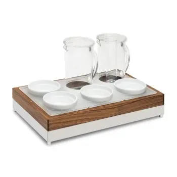 Elegant Fantasy Inox-Wood Service Tray - Plastic Insert With Holes - 2 Multipurpose Pitchers - 4 Porcelain Bowls - Cool