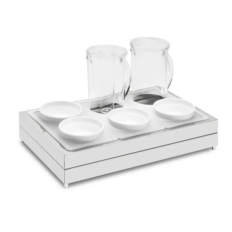 Elegant Fantasy Inox Service Tray - Plastic Insert With Holes - 2 Multipurpose Pitchers - 4 Porcelain Bowls - Cool
