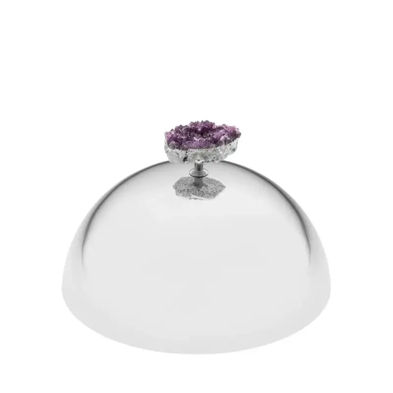 Designer Stainless Steel Serving Plate with Cloche and Amethyst Stone Designer Stainless Steel Serving Plate with Cloche and Amethyst Stone