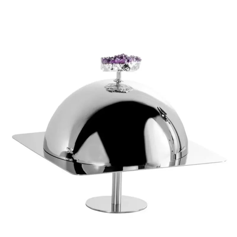 Designer Stainless Steel Serving Plate with Cloche and Amethyst Stone Designer Stainless Steel Serving Plate with Cloche and Amethyst Stone