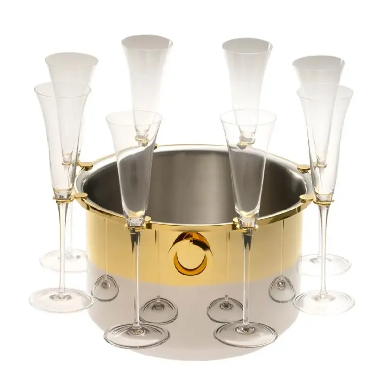 Designer Gold and Stainless Steel Bottega Champagne Bucket with Support 12 Flutes 22L