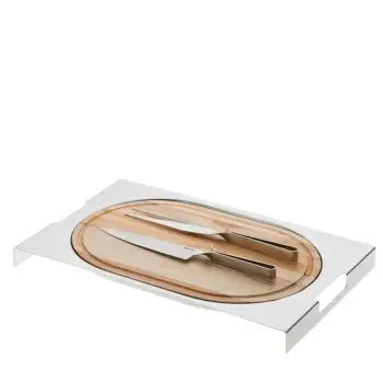 Designer Stainless Steel Cassino Tray with Meat Board, Carving Set and Fork and Knife
