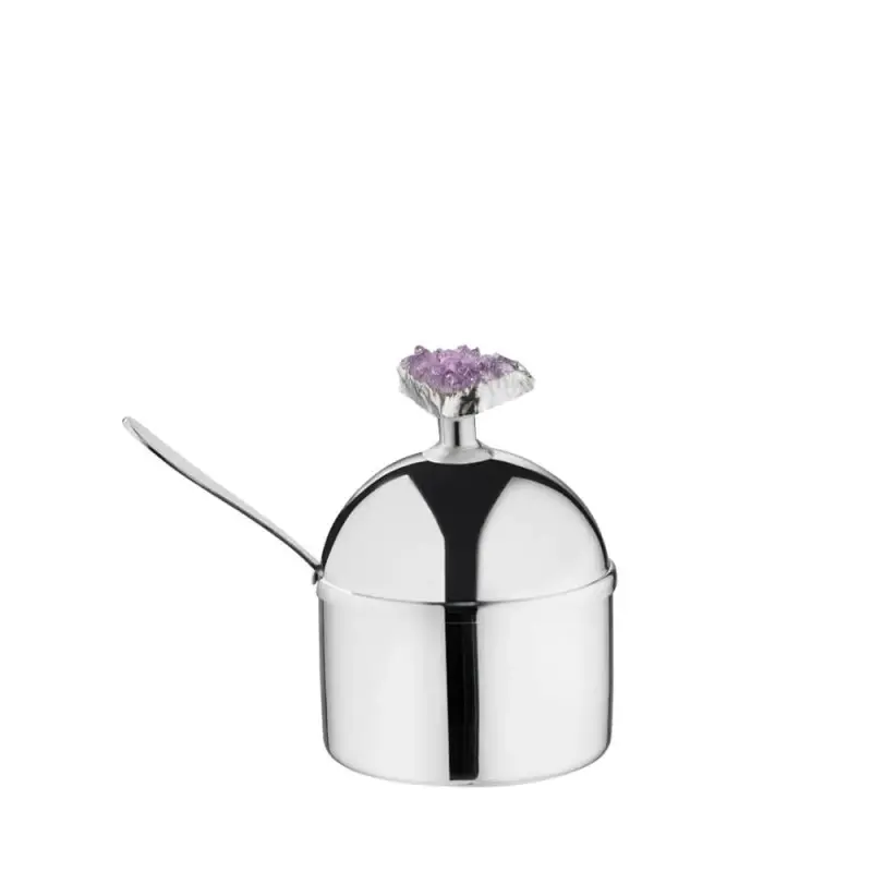 Designer Stainless Steel Sugar Bowl with Amethyst Stone 0.25 kg