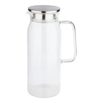 APS Carafe 50-3/4 oz. clear glass w/ SS matte lid & strainer handled drip-free