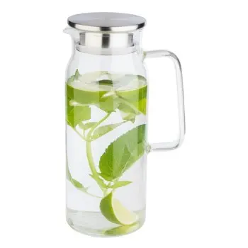 APS Carafe 50-3/4 oz. clear glass w/ SS matte lid & strainer handled drip-free