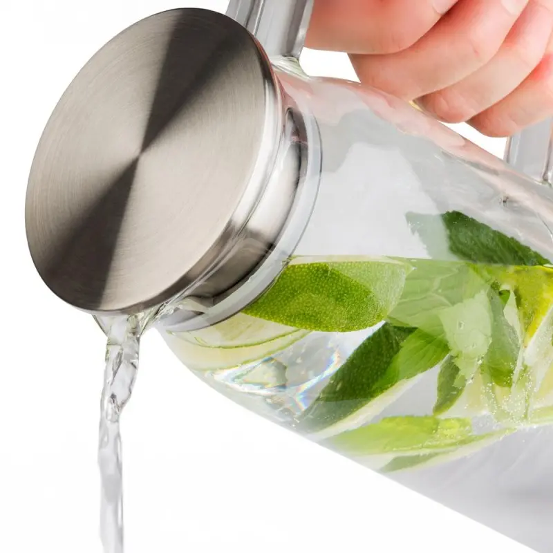 APS Carafe 50-3/4 oz. clear glass w/ SS matte lid & strainer handled drip-free APS Carafe 50-3/4 oz. clear glass w/ SS matte lid & strainer handled drip-free