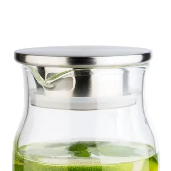 APS Carafe 50-3/4 oz. clear glass w/ SS matte lid & strainer handled drip-free