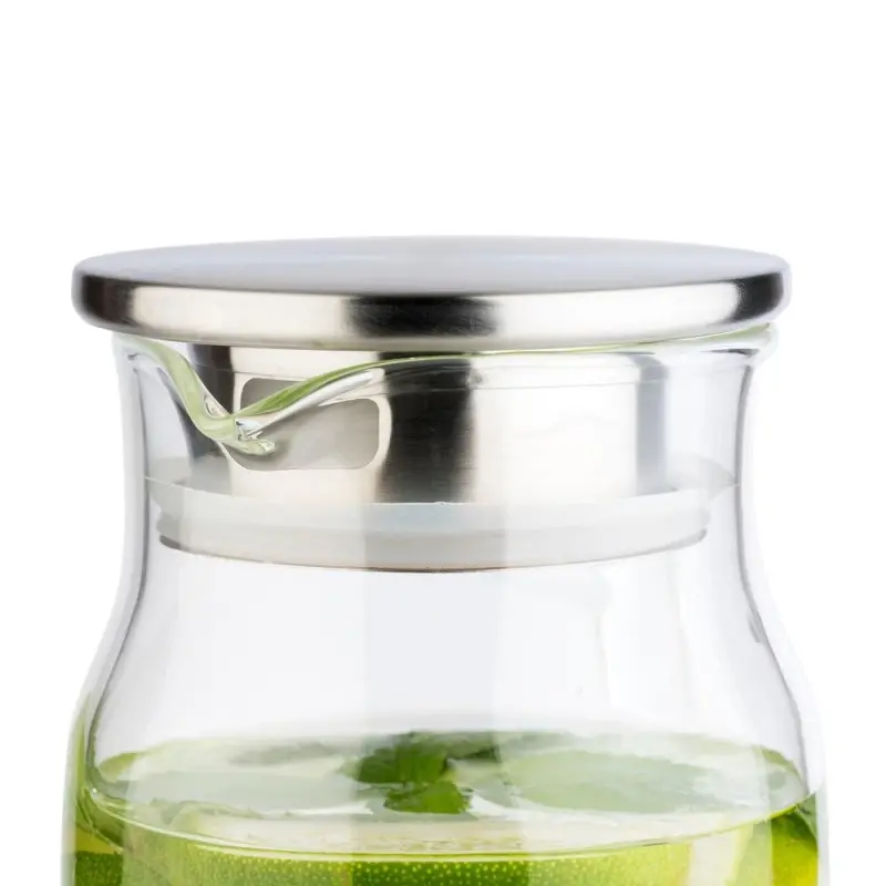 APS Carafe 50-3/4 oz. clear glass w/ SS matte lid & strainer handled drip-free APS Carafe 50-3/4 oz. clear glass w/ SS matte lid & strainer handled drip-free