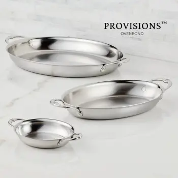 Hestan 5.5qt OVAL Large Clad Stainless Steel Au Gratin (176 oz, 17.5" x 9.0") - Set of 2