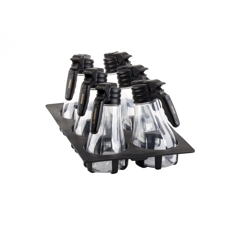 Tablecraft NSF Option Salad Dressing Dispenser Set 48 OZ. 20.75"x12.75"x9.75" - Incl. 6 Dispensers - Black Tray & 10 Tag Tablecraft NSF Option Salad Dressing Dispenser Set 48 OZ. 20.75"x12.75"x9.75" - Incl. 6 Dispensers - Black Tray & 10 Tag