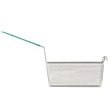 Tablecraft Rectangular Fry Basket 25"x6.5"x13.5" - Nickel Plated - Green Vinyl Coated Handle -13.25 x 6.5 x 5.875"