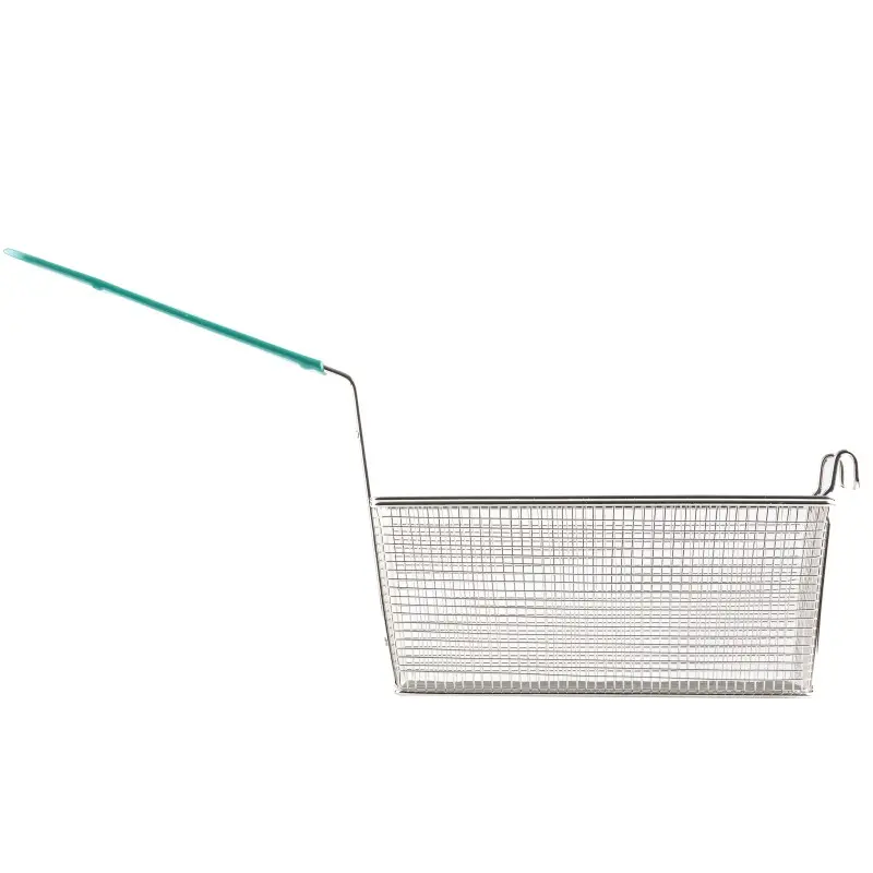 Tablecraft Rectangular Fry Basket 25"x6.5"x13.5" - Nickel Plated - Green Vinyl Coated Handle -13.25 x 6.5 x 5.875"