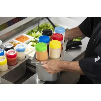 Tablecraft Squeeze Bottle Template 12.75"x7"x.375" - Stainless Steel (18/8) Holds (6) 63mm Bottles - Fits Third Size Pan