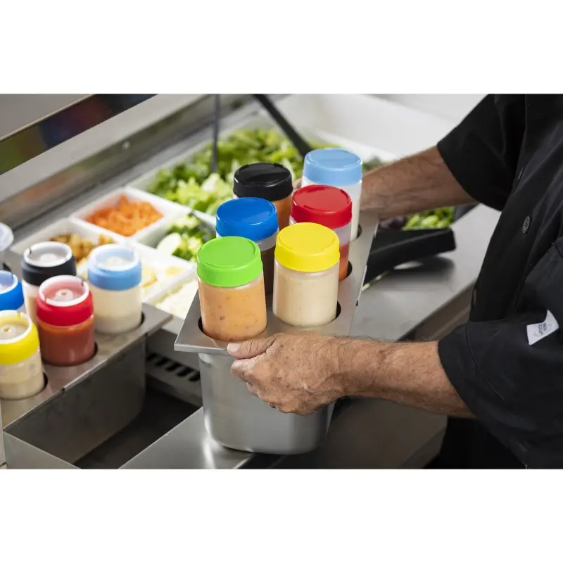Tablecraft Squeeze Bottle Template 12.75"x7"x.375" - Stainless Steel (18/8) Holds (6) 63mm Bottles - Fits Third Size Pan Tablecraft Squeeze Bottle Template 12.75"x7"x.375" - Stainless Steel (18/8) Holds (6) 63mm Bottles - Fits Third Size Pan