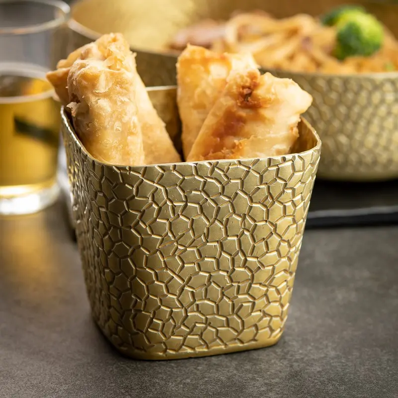 Tablecraft Crackle Collection Square Snack Basket 21 Oz. Gold 4"x4"x3.625" - Powder Coated Aluminum