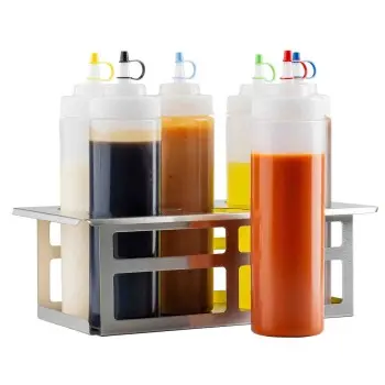 Tablecraft Squeeze Bottle Template 13.125"x7.125"x4.5" - Stainless Steel (18/8) Holds (6) 63mm Bottles