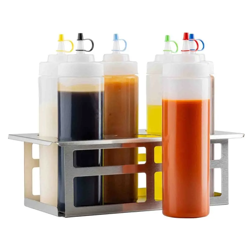 Tablecraft Squeeze Bottle Template 13.125"x7.125"x4.5" - Stainless Steel (18/8) Holds (6) 63mm Bottles