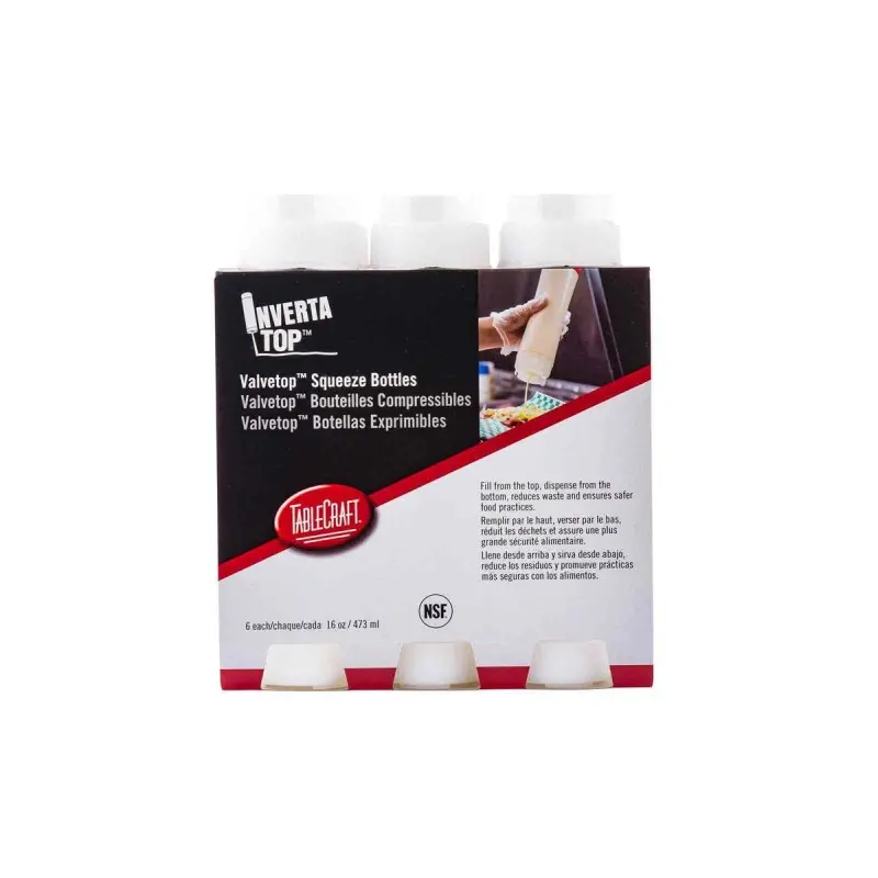 Tablecraft InvertaTop Squeeze Bottle 16 Oz. Clear - Polyethylene (LDPE) 53mm - Pack of 6 - NSF - Set of 8 Tablecraft InvertaTop Squeeze Bottle 16 Oz. Clear - Polyethylene (LDPE) 53mm - Pack of 6 - NSF - Set of 8