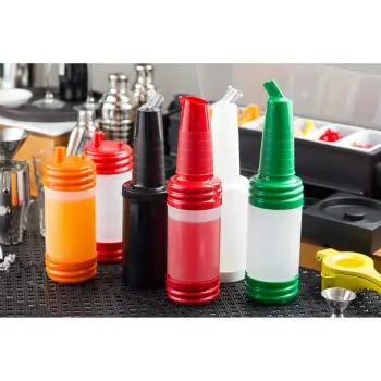 Tablecraft PourMaster Bottle with Low Profile Top 1 Qts Assorted 3.625"x3.625"x9.5" - Polyethylene (HDPE) - NSF - Set of