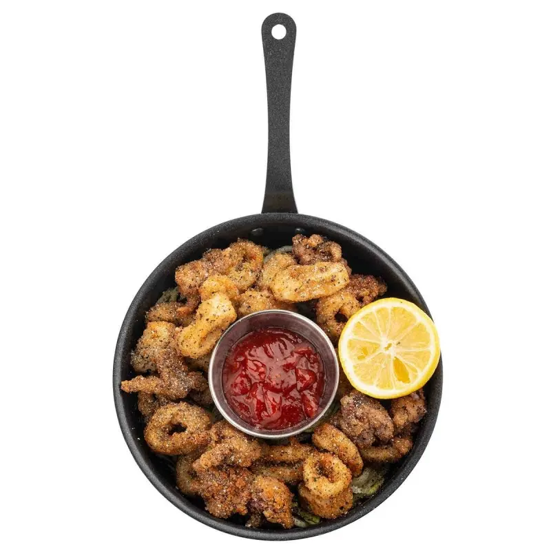 Tablecraft Round Mini Serving Fry Pan with Black Handles 28 Oz. Black 11.25"x7.25"x3.75" - Non-Stick Coating