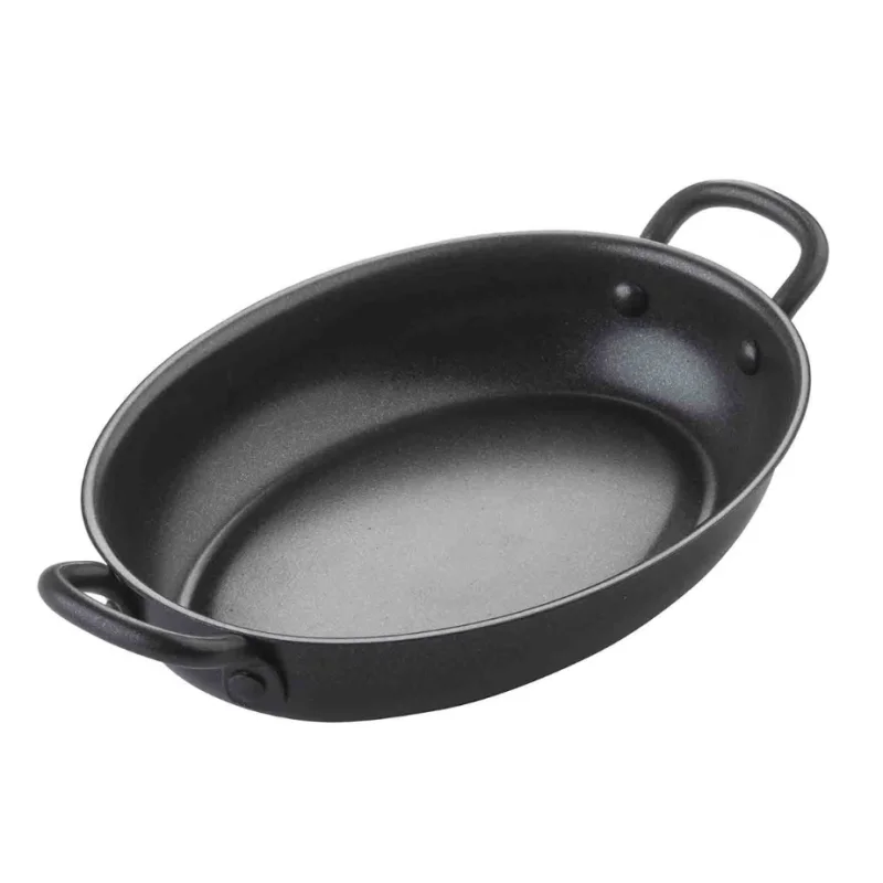 Tablecraft Oval Mini Serving Pan with Black Handles 16 Oz. Black 9.25"x5.25"x1.75" - Non-Stick Coating