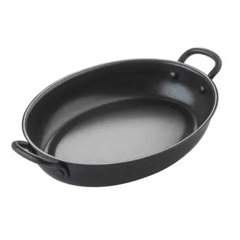 Tablecraft Oval Mini Serving Pan with Black Handles 26 Oz. Black 10.125"x6"x1.5" - Non-Stick Coating
