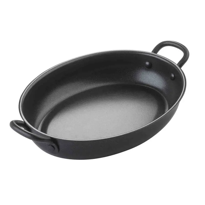 Tablecraft Oval Mini Serving Pan with Black Handles 26 Oz. Black 10.125"x6"x1.5" - Non-Stick Coating