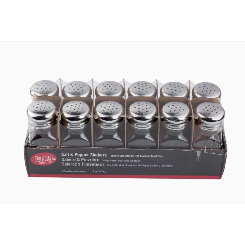 Tablecraft Square Salt & Pepper Shakers 3 Oz. 1.5"x1.5"x4" - Glass (Clear Soda Lime Glass) - Set of 4