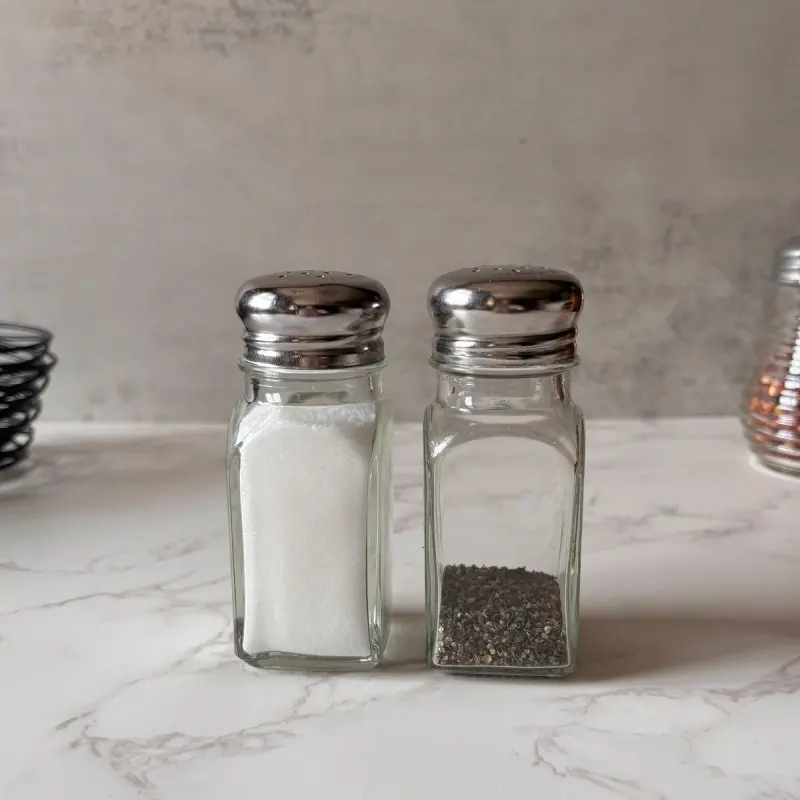 Tablecraft Square Salt & Pepper Shakers 3 Oz. 1.5"x1.5"x4" - Glass (Clear Soda Lime Glass) - Set of 4