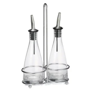 Tablecraft Siena Collection Cruet Set 6 Oz. 5.75"x2.875"x9.5" - Chrome Plated Includes 2 Oil & Vinegar Bottles & Rack