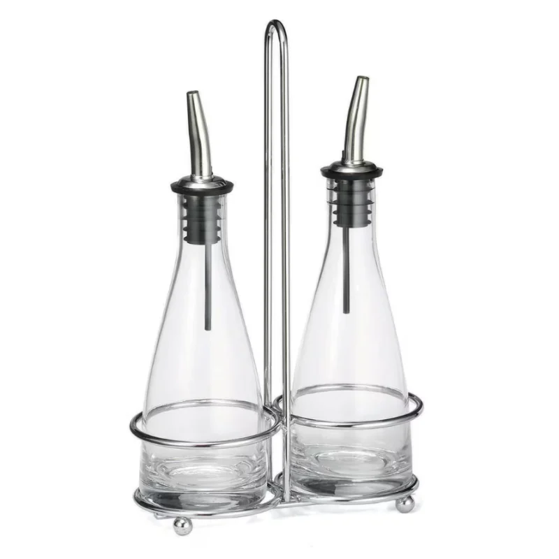 Tablecraft Siena Collection Cruet Set 6 Oz. 5.75"x2.875"x9.5" - Chrome Plated Includes 2 Oil & Vinegar Bottles & Rack