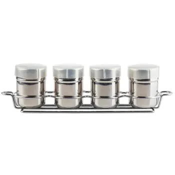 Tablecraft 4-Piece Shaker Set with Rack 6 Oz. Mirror Finish 13.125"x3.25"x3.5" - Stainless Steel (18/8) I