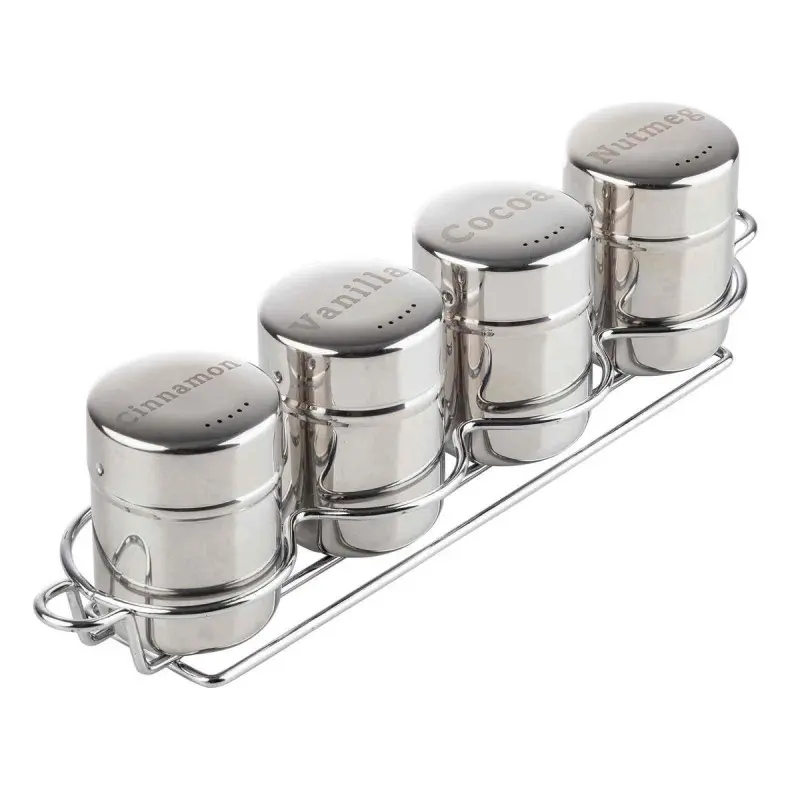 Tablecraft 4-Piece Shaker Set with Rack 6 Oz. Mirror Finish 13.125"x3.25"x3.5" - Stainless Steel (18/8) I
