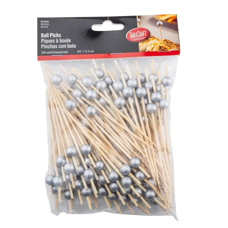 Tablecraft Ball Pick Silver .4375"x.4375"x4.5" - Natural Bamboo - Pack of 100 - Set of 12