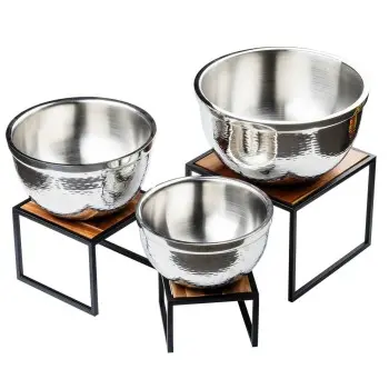 Tablecraft Square Risers 10.25"x10.25"x8" - Combo: Acacia Wood & Powder Coated Steel Set of 3